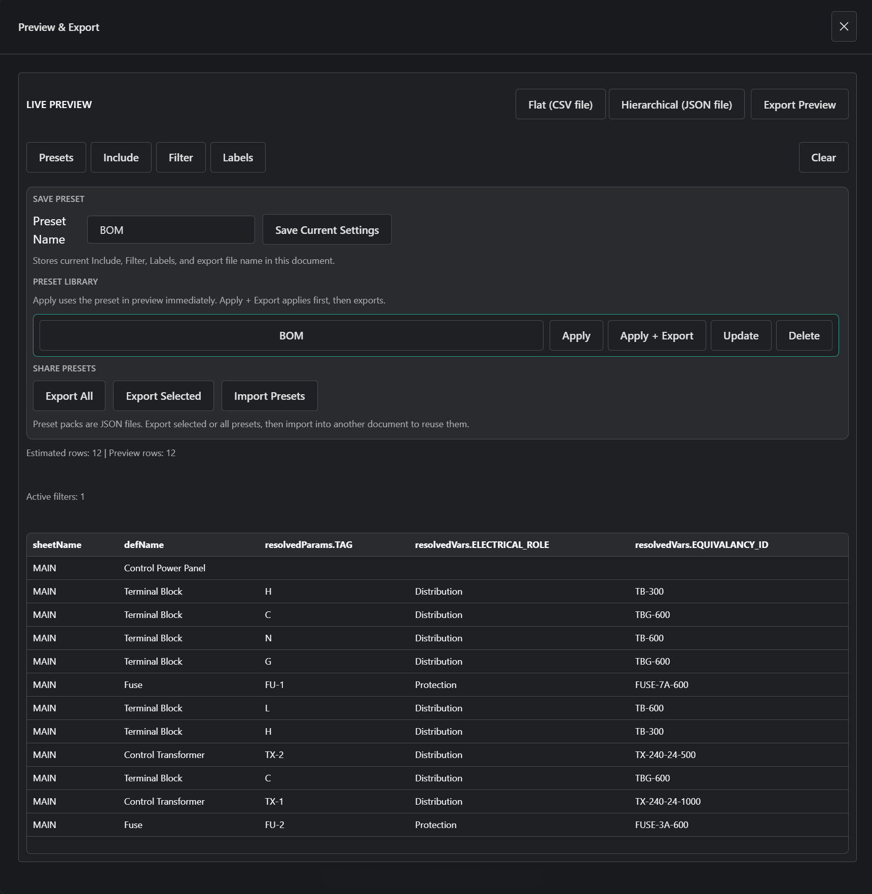 Filtered BOM preview showing structured part rows