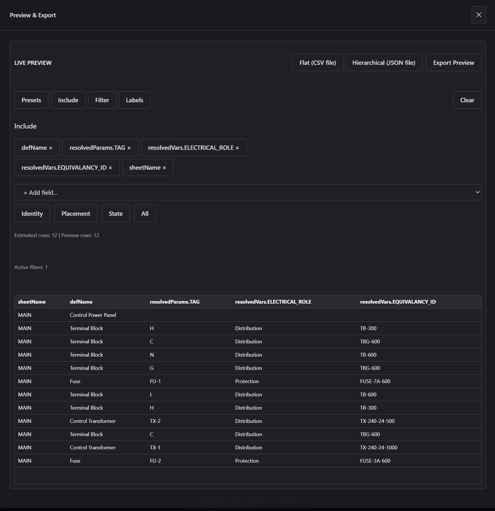 Artifact Studio Include tab with selected output fields
