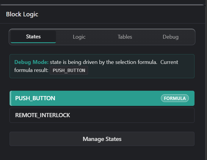 Debug view showing state driven by the selection formula