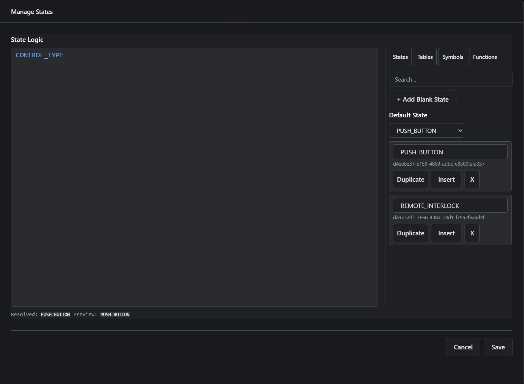 State definitions and default state in a Definition Tab