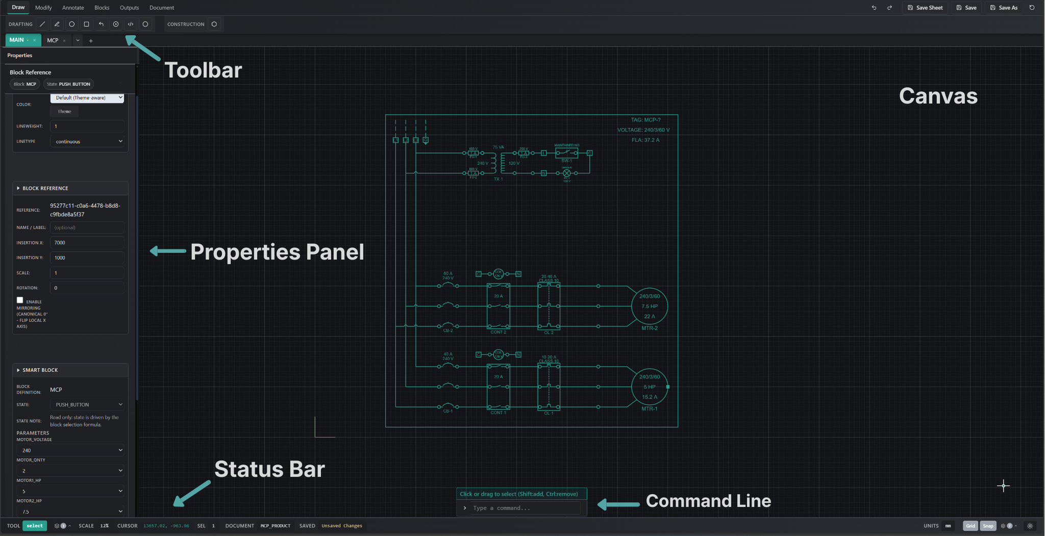 Workspace overview showing canvas, properties panel, toolbar, status bar, and command line