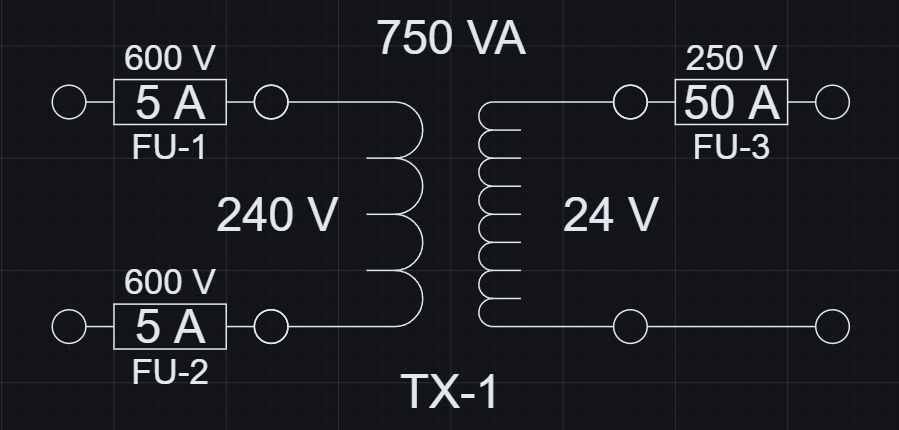 Control Transformer Sizing example showing a 750 VA transformer with 5 A primary fuse for a 500 VA control load