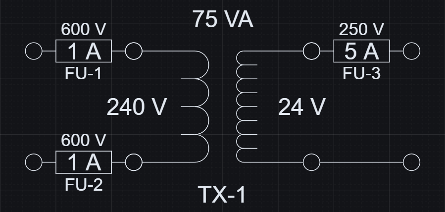 Control Transformer Sizing example showing a 75 VA transformer with 1 A primary fuse for a 50 VA control load
