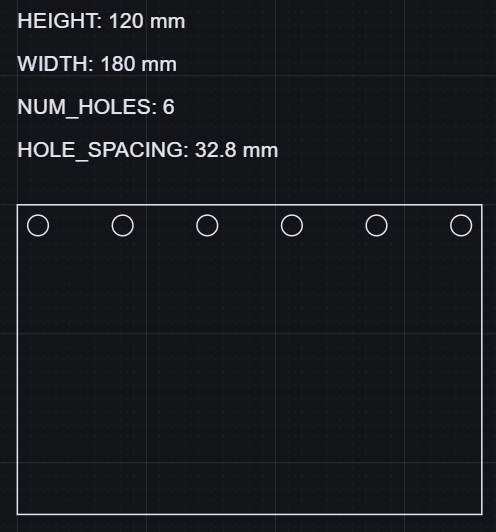 Mounting Plate example in the workspace at 180 mm width with 6 holes