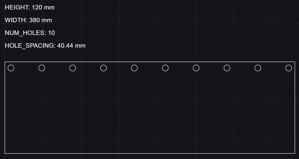Mounting Plate example in the workspace at 380 mm width with 10 holes
